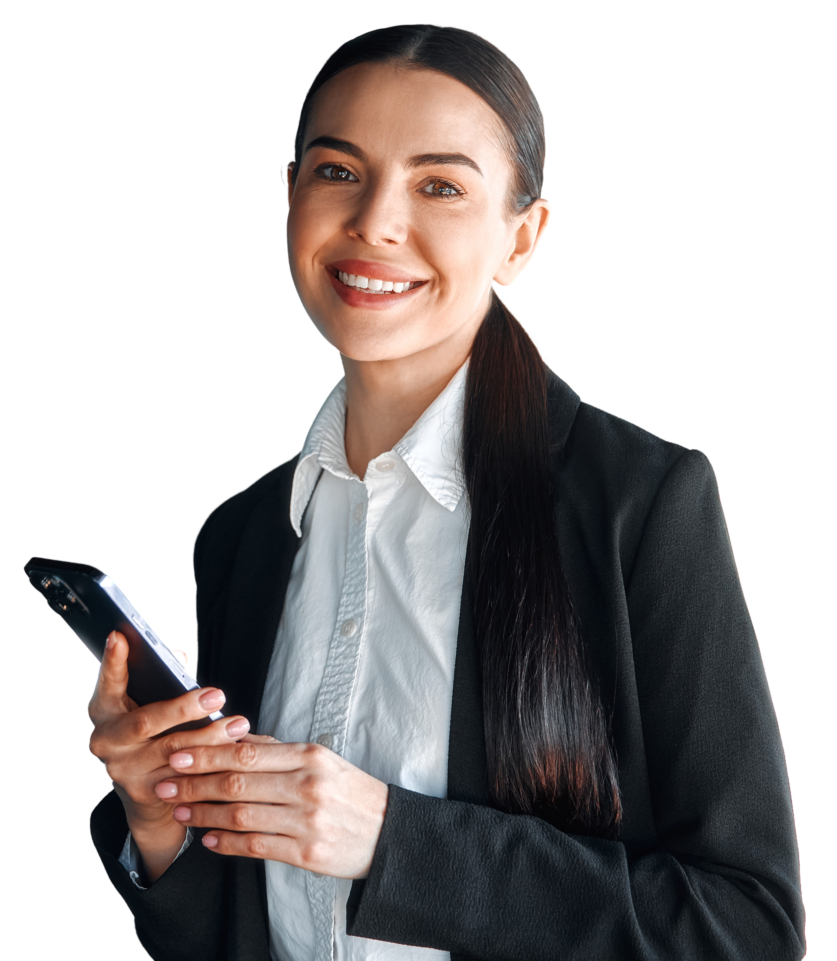 Karriere bei Brinkmann & Partner Junge Fraue im Anzug mit Handy in der Hand